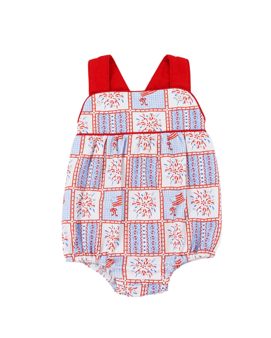 Baby boy bubble with red straps and a pattern of stars and stripes on a white background