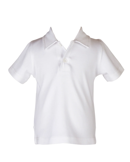White polo shirt with three buttons and a collar. 
