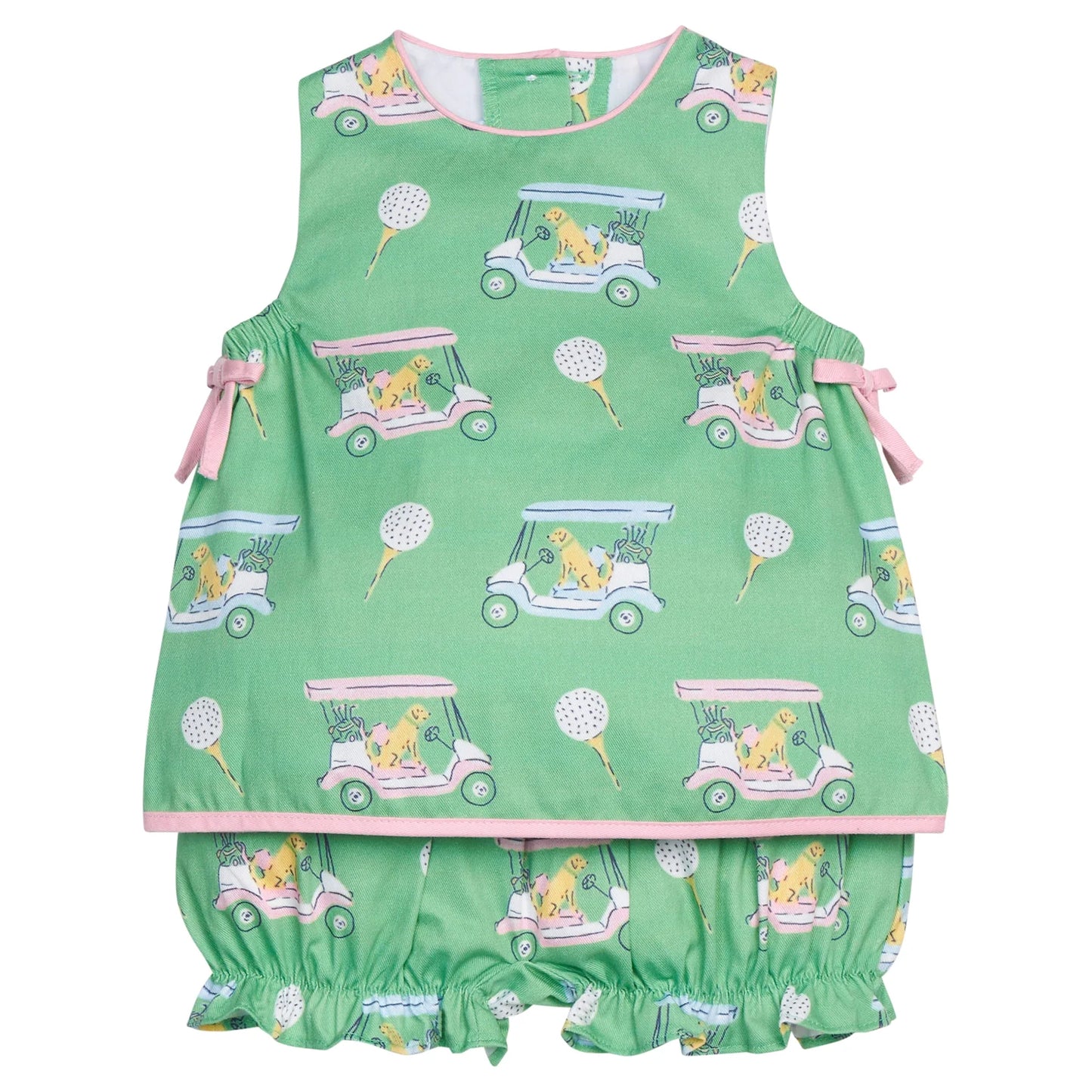 Green baby bloomer set with golf cart and dog pattern