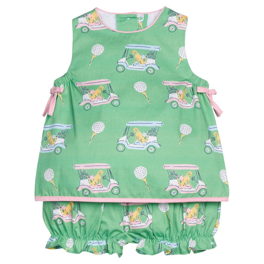 Green baby bloomer set with golf cart and dog pattern