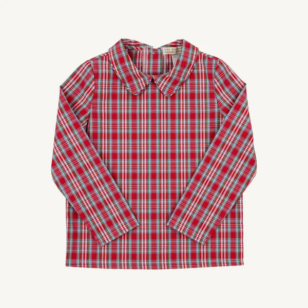 A long-sleeve plaid button-up shirt in red, green, and white, laid flat against a light off-white background.