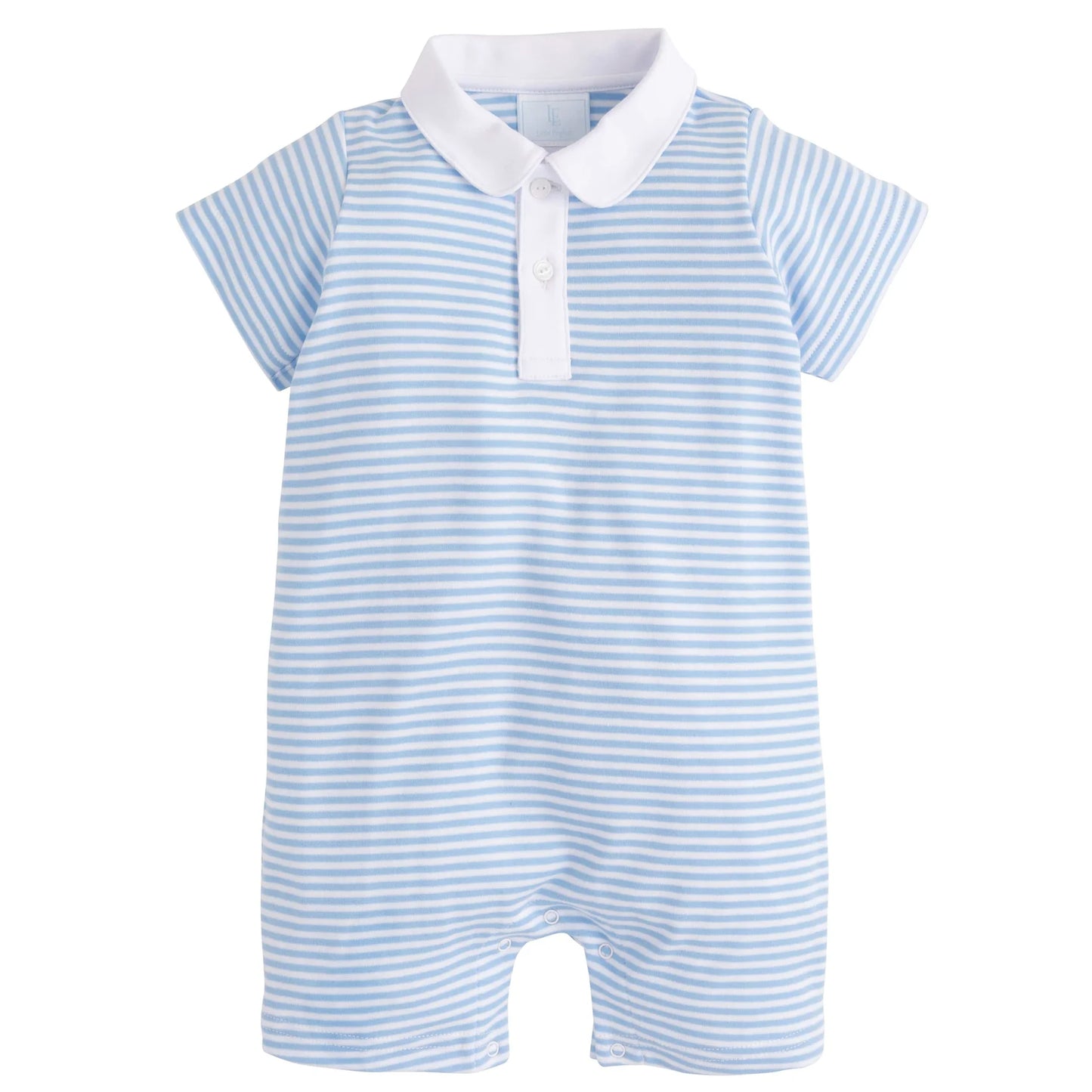 Blue and white striped baby romper with a collar on a white background