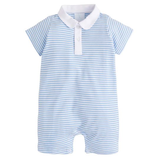 Blue and white striped baby romper with a collar on a white background
