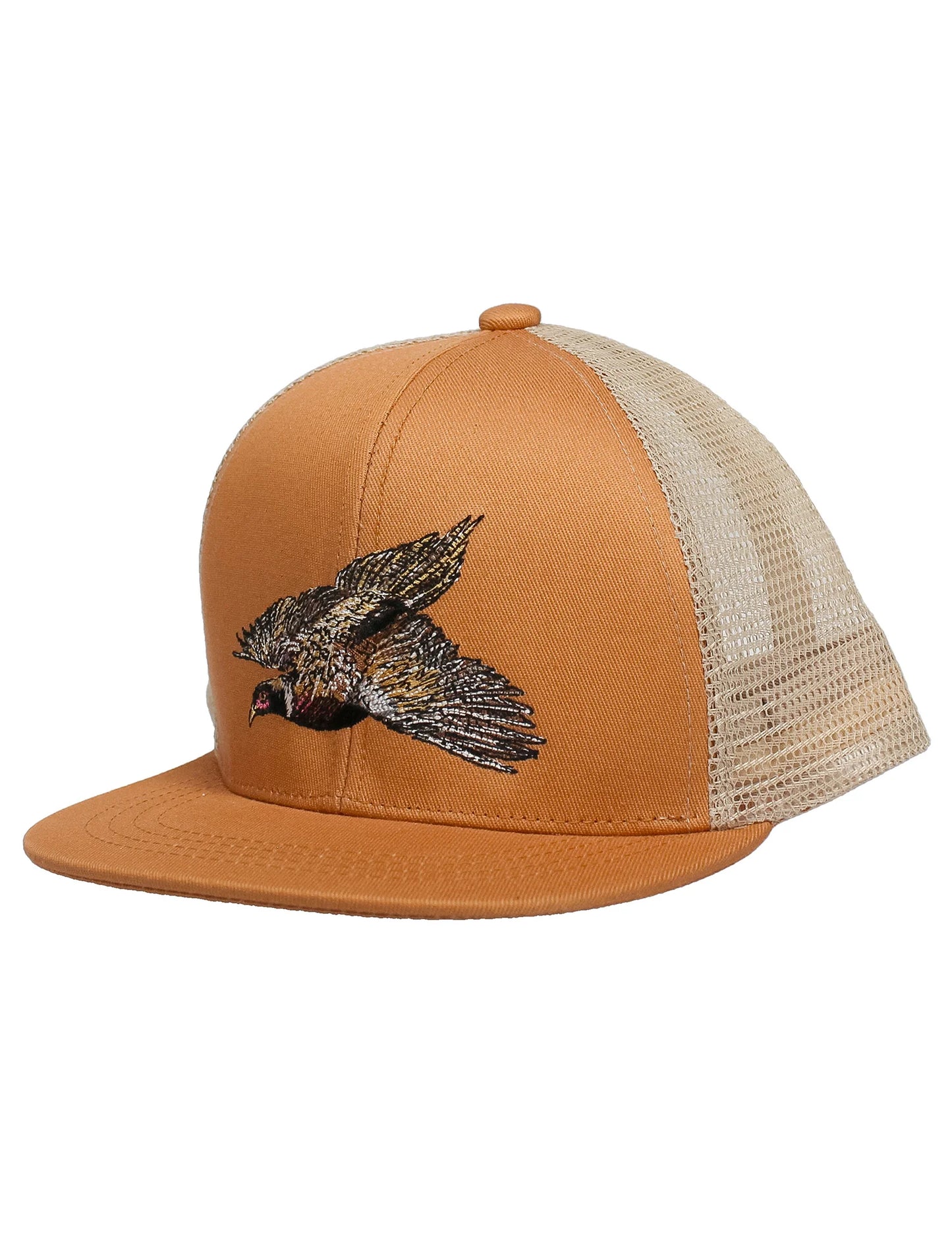 Orange baseball cap with tan mesh back and embroidered pheasant on front.