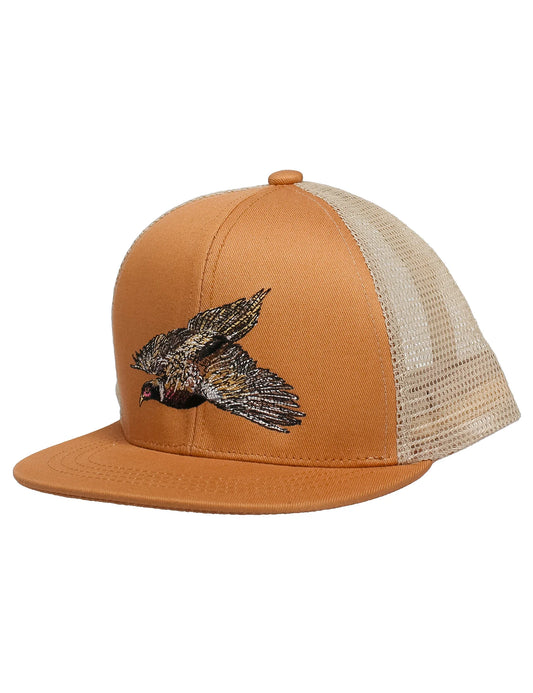 Orange baseball cap with tan mesh back and embroidered pheasant on front.