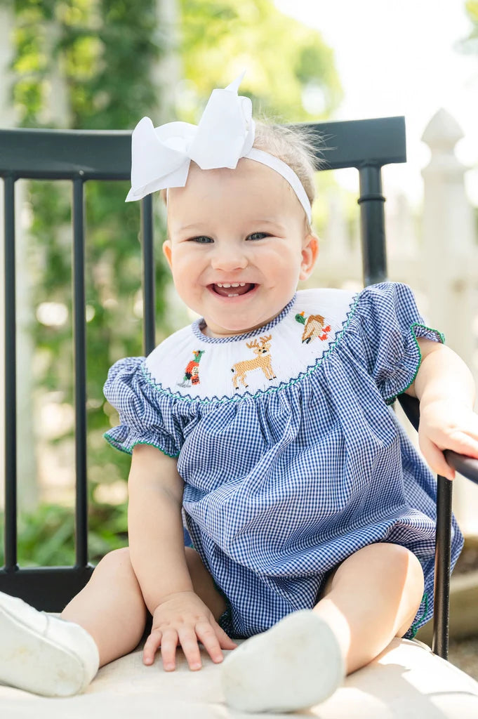 blue and white gingham smocked dress with pheasant, deer and duck smocking 