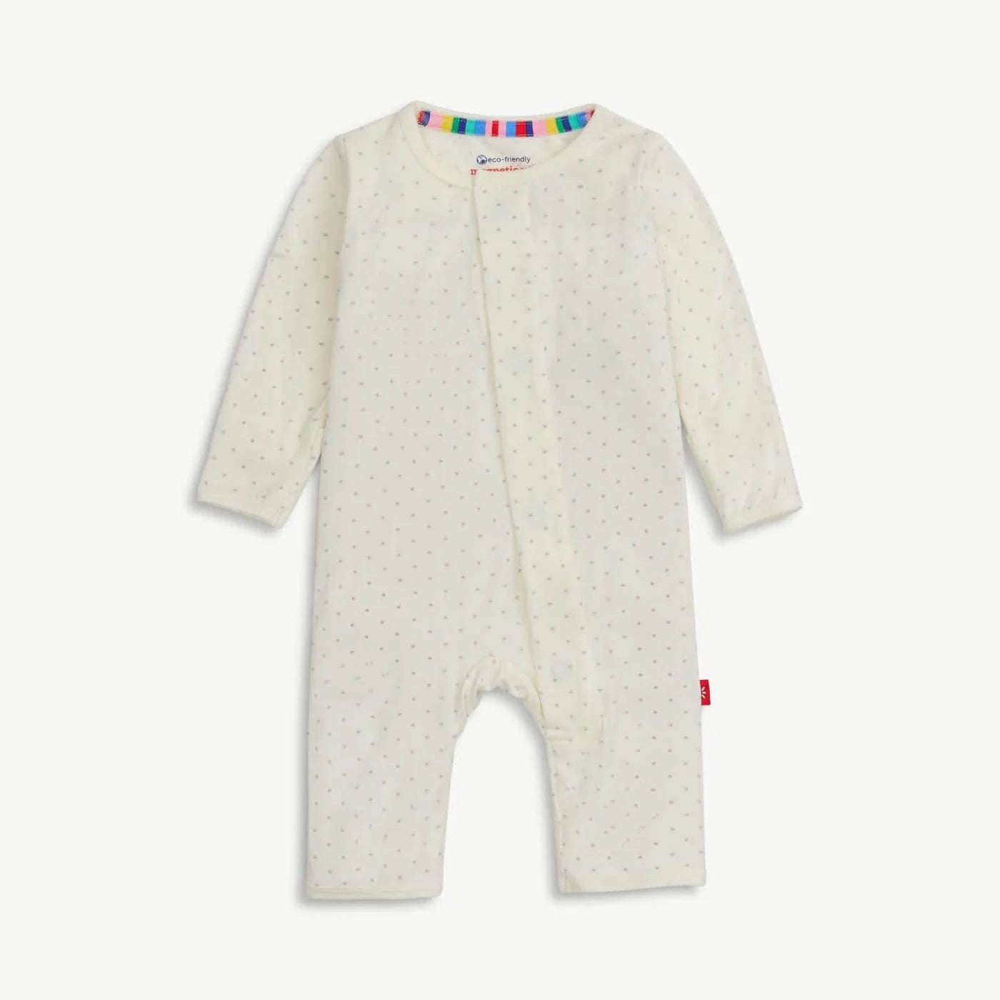 Cream coverall with grey pin dots.