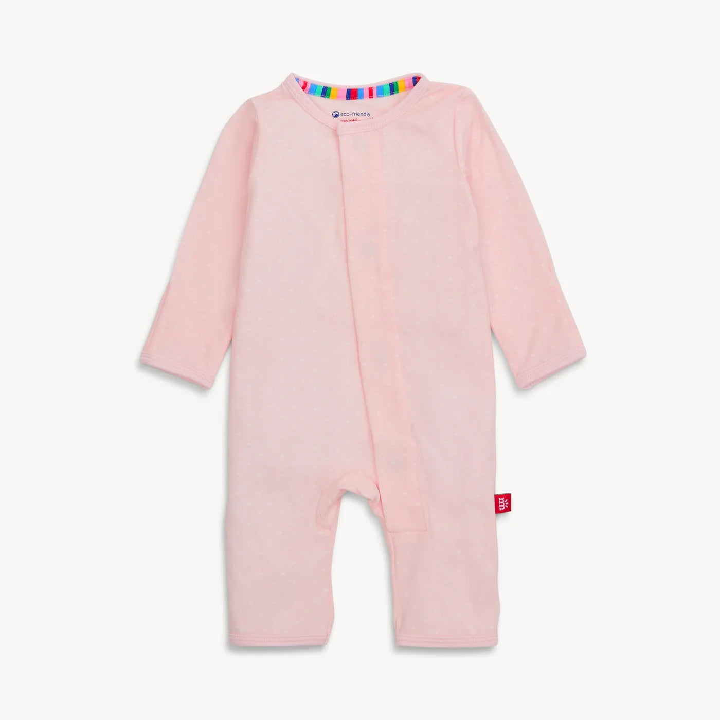 Pink coverall with white dots.