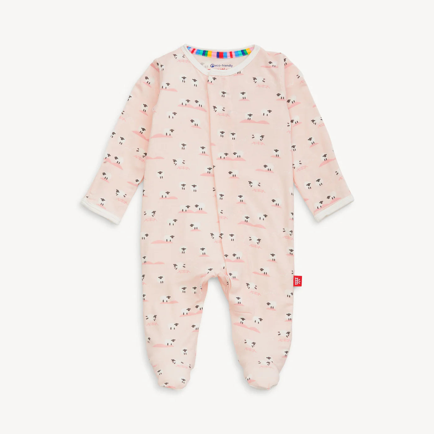 Pink footed pajama with sheep pattern.