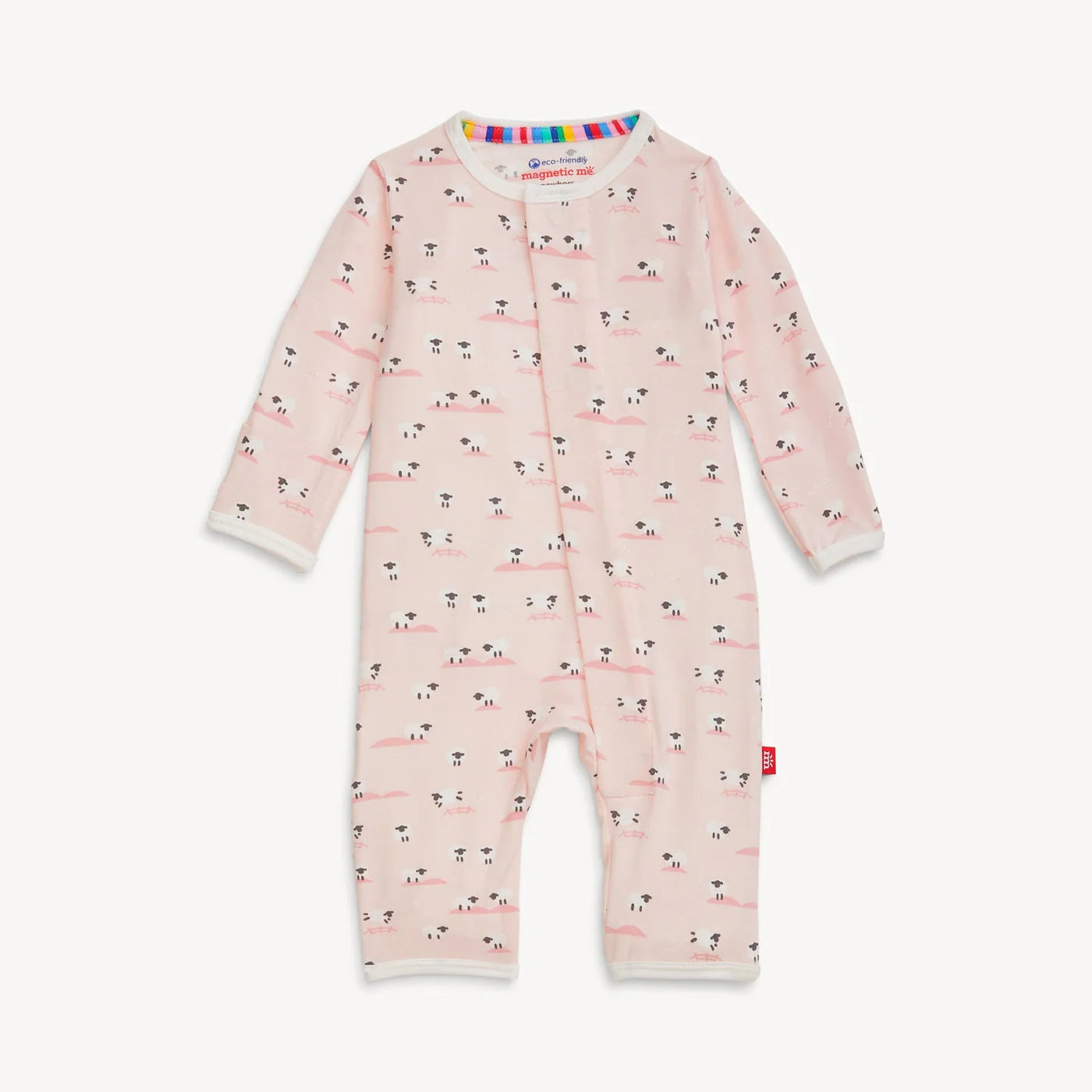 Pink coverall with sheep pattern.