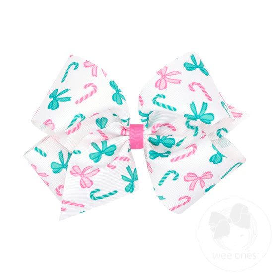 Pink Candy Cane Print Grosgrain Hair Bow
