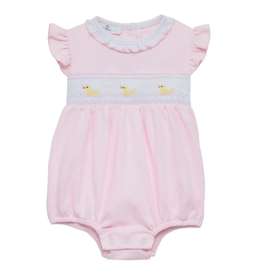 Pink Bubble with smocked ducks and ruffle white collar. 