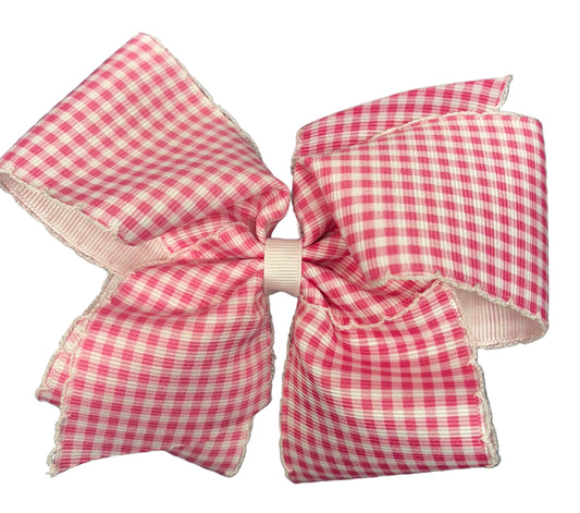 Pink Gingham-Printed Grosgrain Hair Bow With Moonstitch Edge