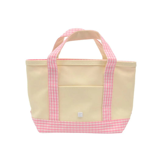 MINI TOTE - COATED CANVAS NATURAL With GINGHAM PINK TRIM