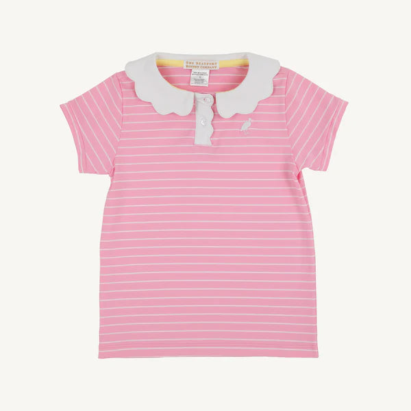 Pink and white striped shirt with a white collar with performance material 
