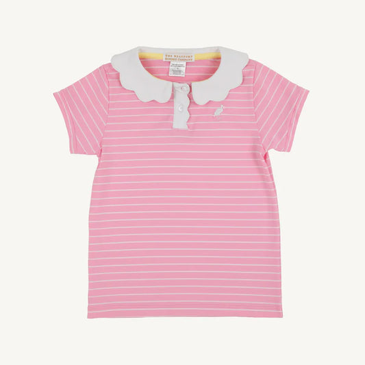 Pink and white striped shirt with a white collar with performance material 