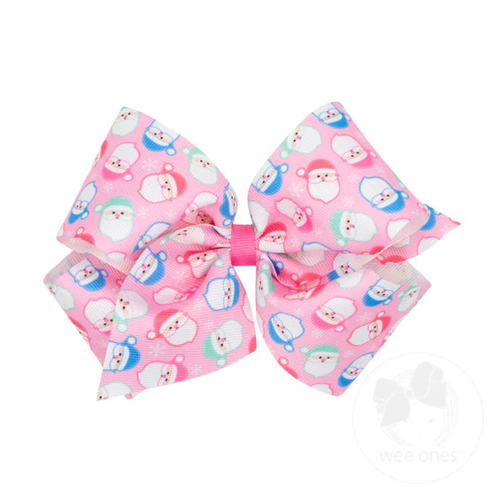 Pink Santa Print Grosgrain Hair Bow