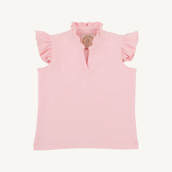 Pink sleeveless top with ruffled shoulders 