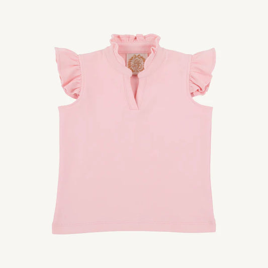 Pink sleeveless top with ruffled shoulders 