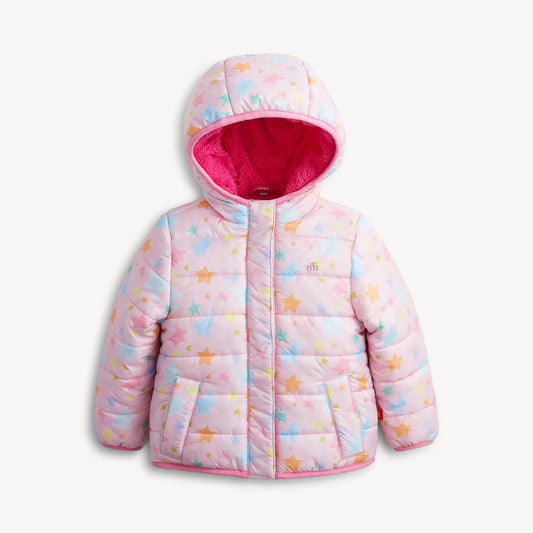 A light pink hooded puffer jacket for toddlers, featuring a pastel star pattern in yellow, blue, and orange, with a bright pink fleece-lined hood and front magnetic closure 