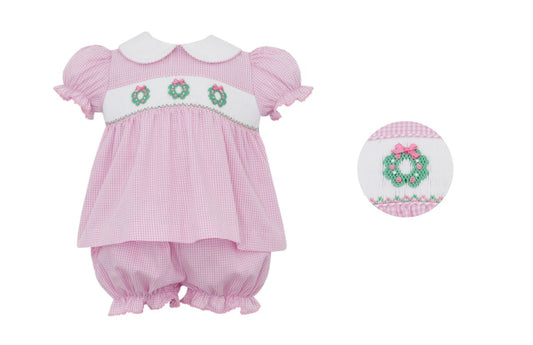 PINK WREATHS - Pink gingham bloomer set w/ white collar S/S