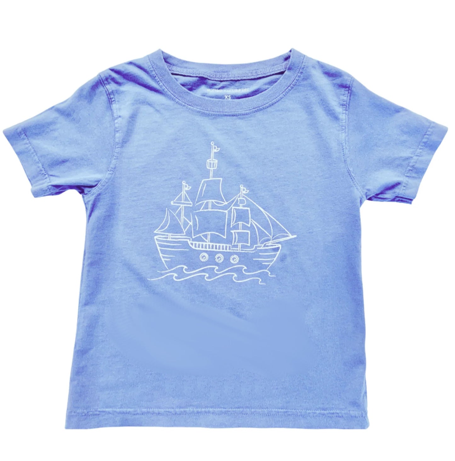 Light blue short sleeve tshirt with a white pirate ship design.