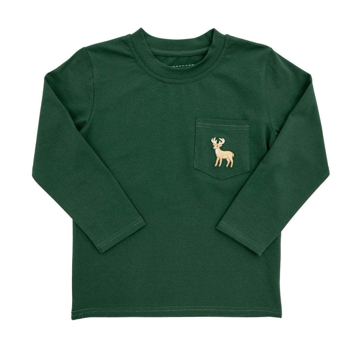 A dark green long-sleeve crewneck shirt with a chest pocket featuring an embroidered deer on a white background.