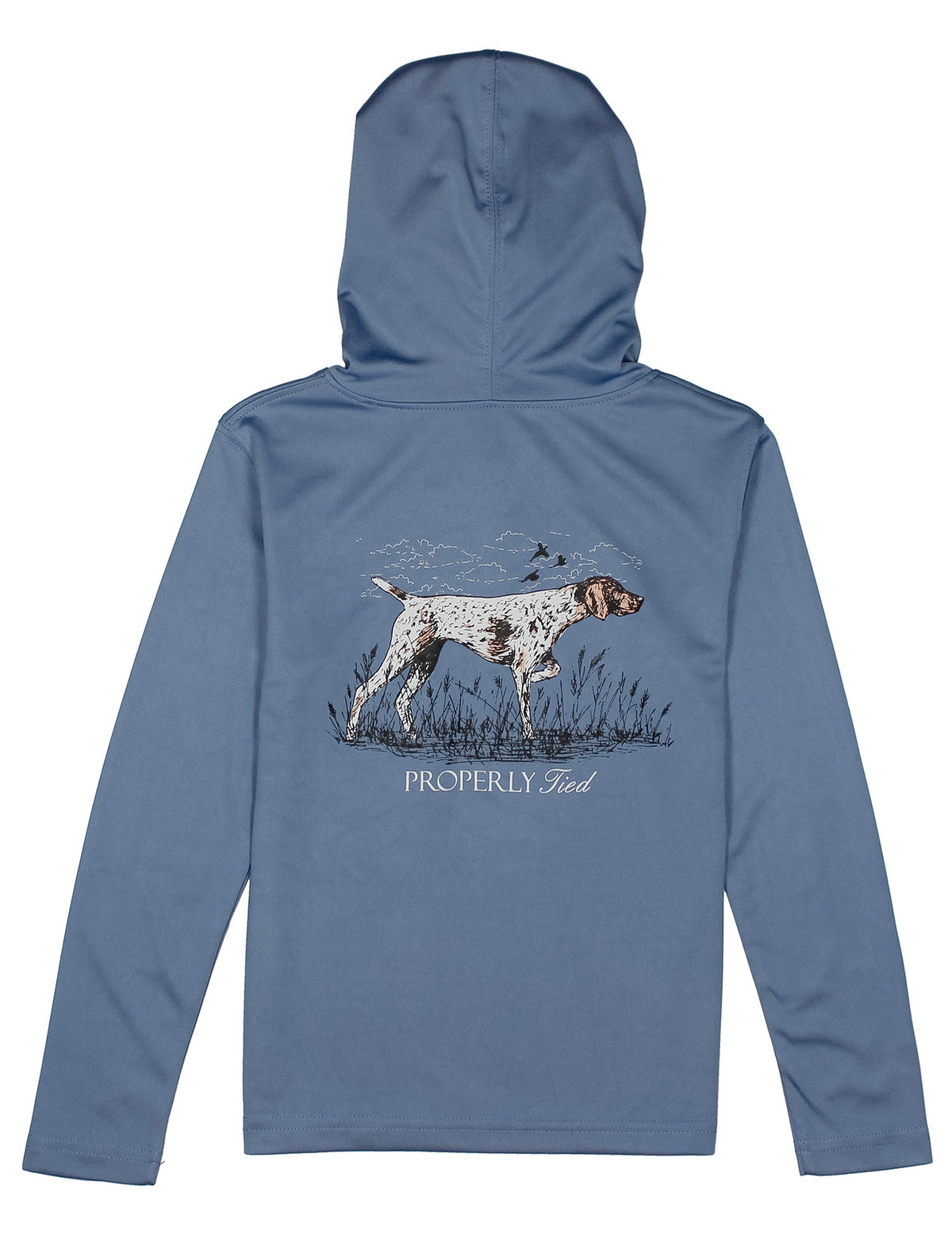 Blue hoodie with a dog graphic and text on the back against a white background