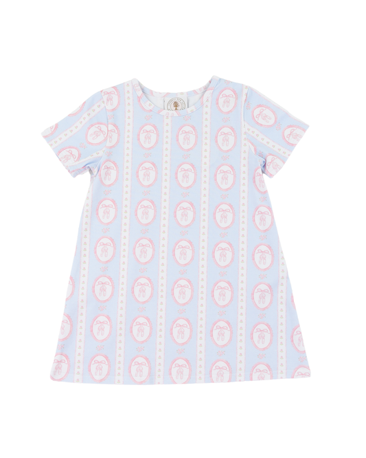 Light blue dress with pink ballet shoe pattern.
