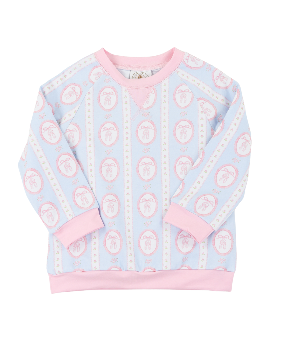 Girls Sweatshirt with pink ballet shoe pattern and pink trim on the collar.