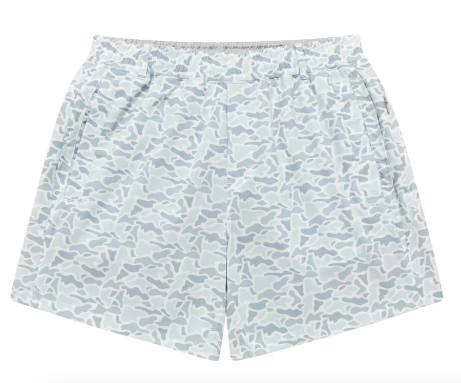 Light grey camo patterned shorts.