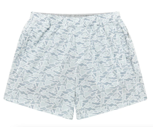 Light grey camo patterned shorts.