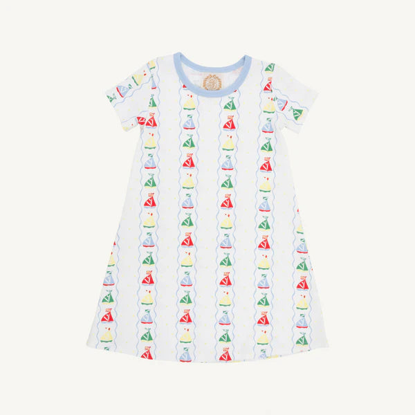 Children's dress with colorful sailboat pattern on a white background