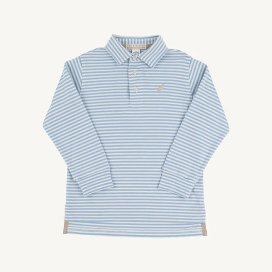 Long Sleeve Prim & Proper Polo -Barrington Blue Stripe with Keeneland Khaki Stork