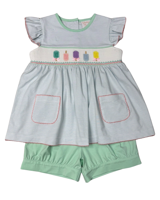 blue and white striped shirt set with smocked popsicles with matching green shorts 