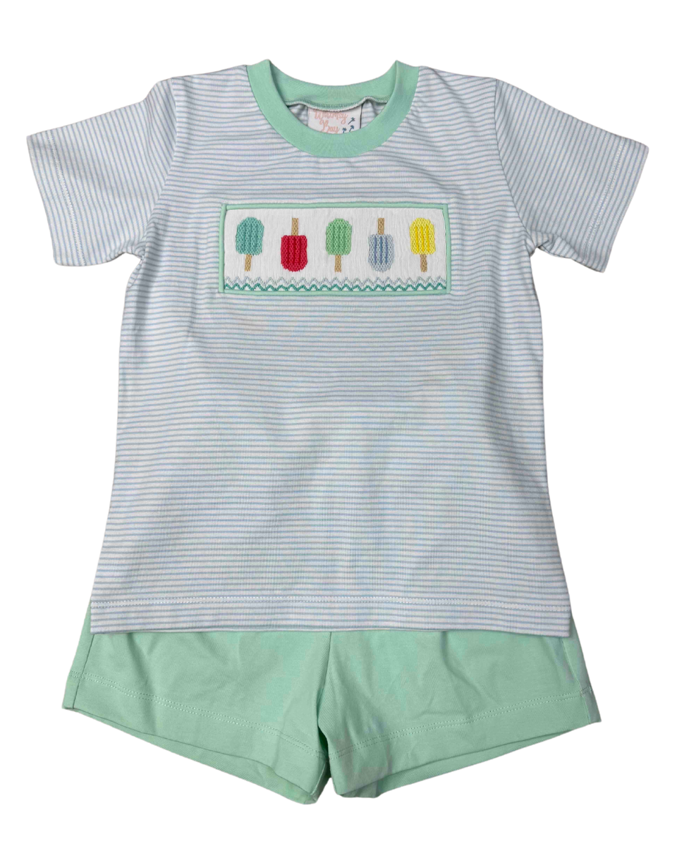 boy short set with  blue and white striped smocked popsicles and matching green shorts 