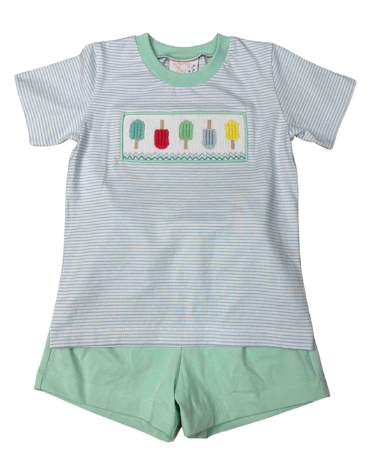 boy short set with  blue and white striped smocked popsicles and matching green shorts 
