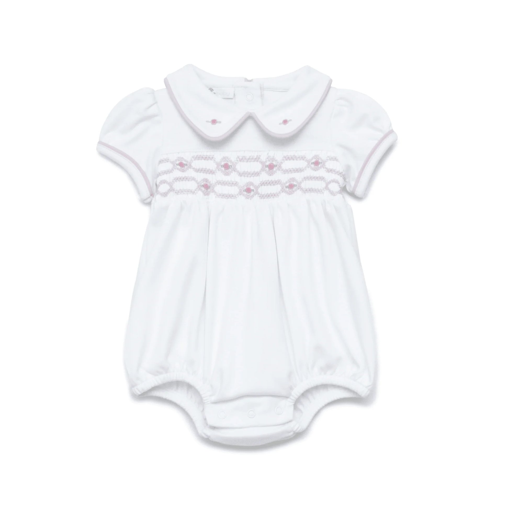 White short sleeve bubble with pink smocking and trim.