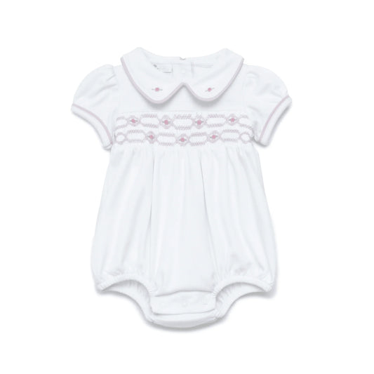 White short sleeve bubble with pink smocking and trim.