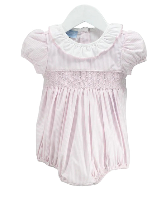 Pink baby striped smocked romper with ruffled collar.