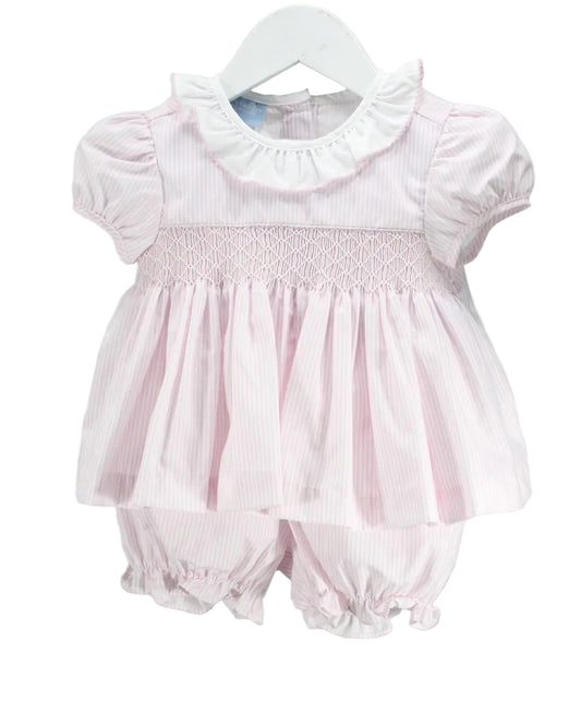 Pink striped smocked baby bloomer set with ruffled collar.