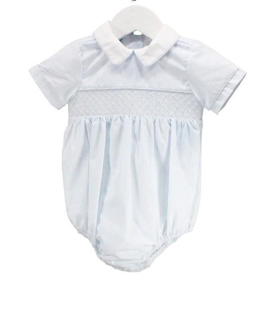 Baby blue striped smocked bubble with collar.
