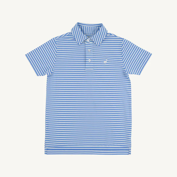 Blue and white striped polo with performance material 