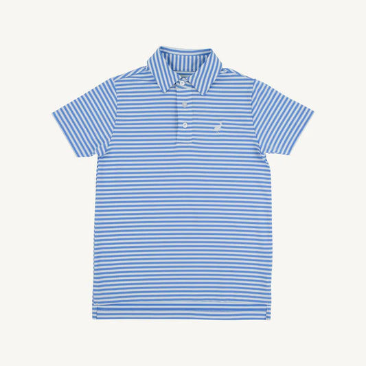 Blue and white striped polo with performance material 