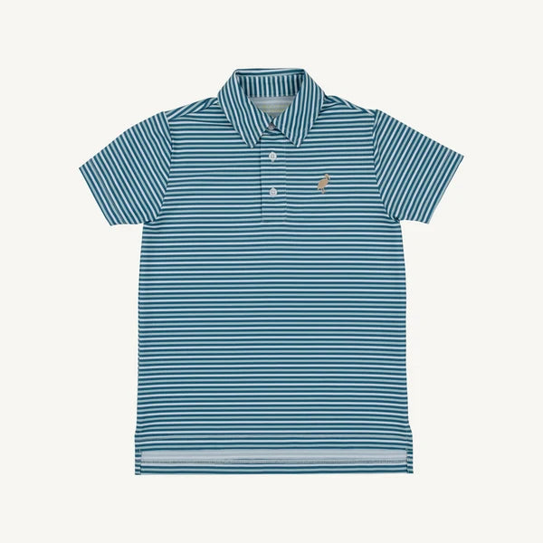 A short-sleeve athletic polo shirt with horizontal teal and white stripes, featuring a small embroidered polo player logo on the left chest, displayed on a clean off-white background.