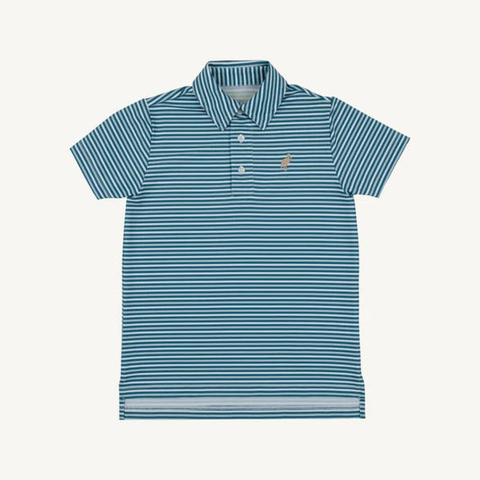 A short-sleeve athletic polo shirt with horizontal teal and white stripes, featuring a small embroidered polo player logo on the left chest, displayed on a clean off-white background.