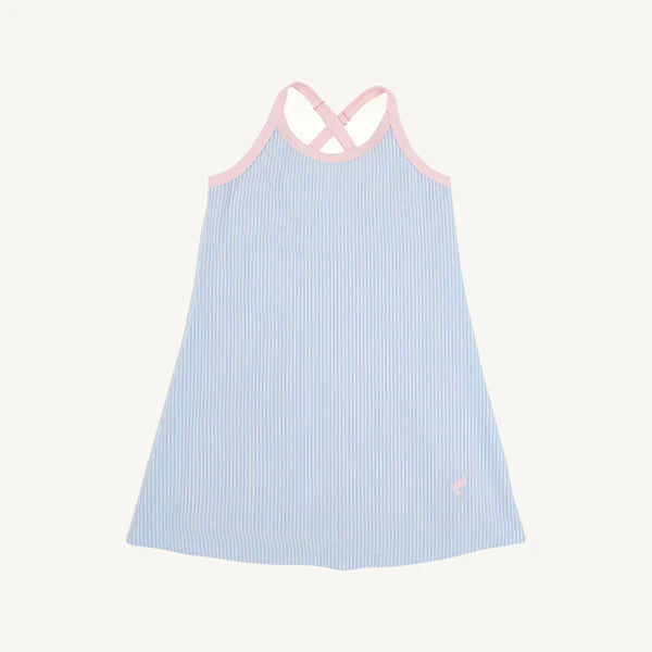 Light blue and pink striped athetic dress with criss-cross straps and built in pink shorts