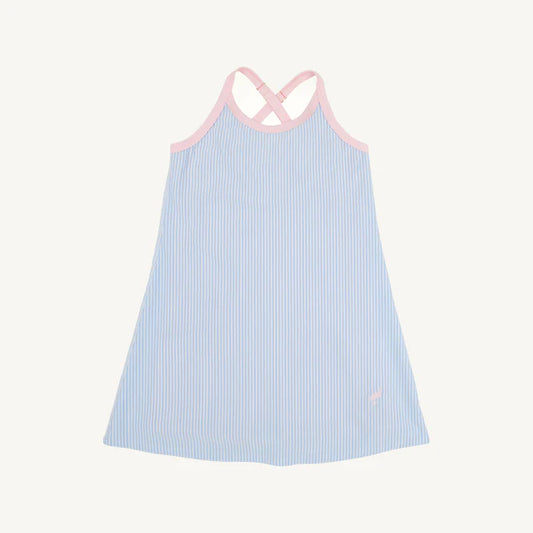 Light blue and pink striped athetic dress with criss-cross straps and built in pink shorts