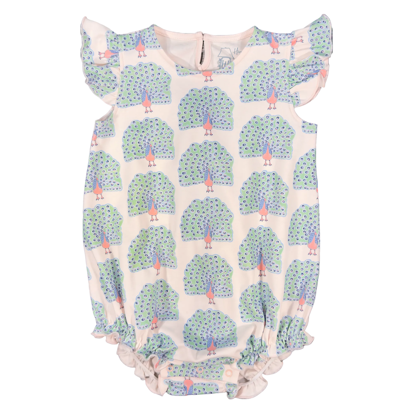 Ruffle Sleeve Bubble with blue, green and pink peacock design.