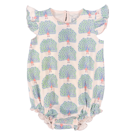 Ruffle Sleeve Bubble with blue, green and pink peacock design.